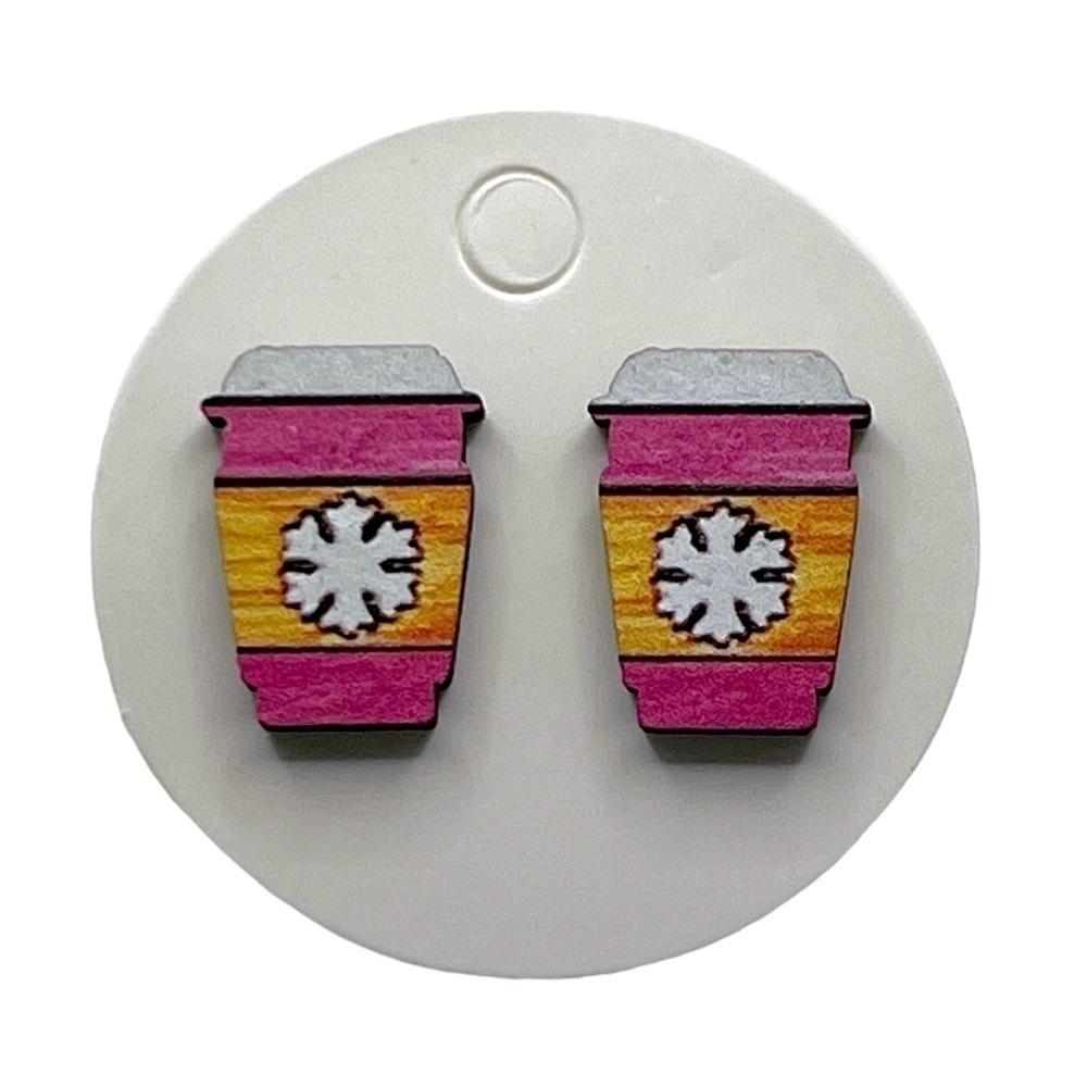 Mini Winter Christmas Pink Coffee Latte Wood Stud Snowflake Earrings